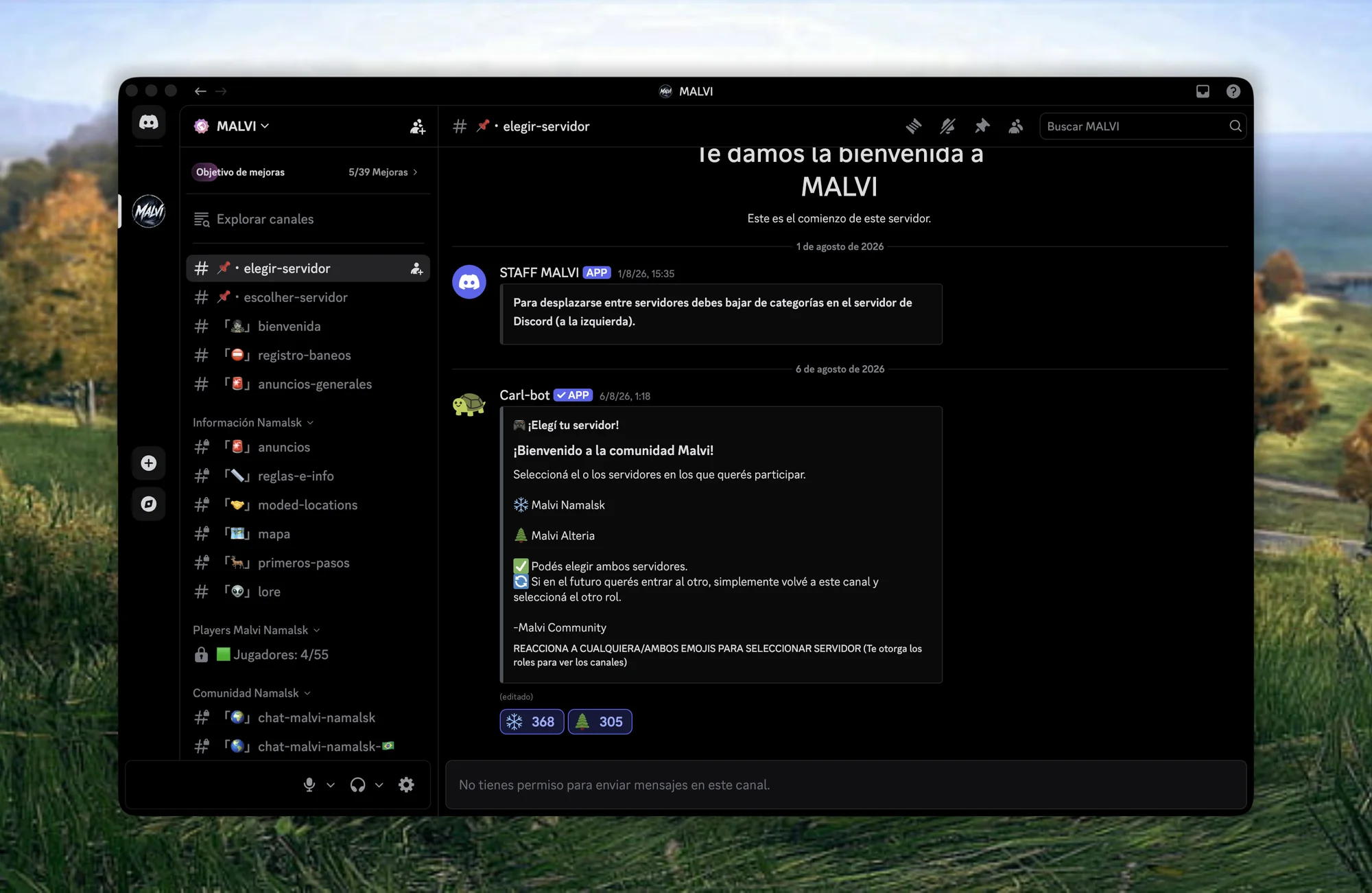 Comunidad de MALVI en Discord, con canales para Namalsk y Alteria
